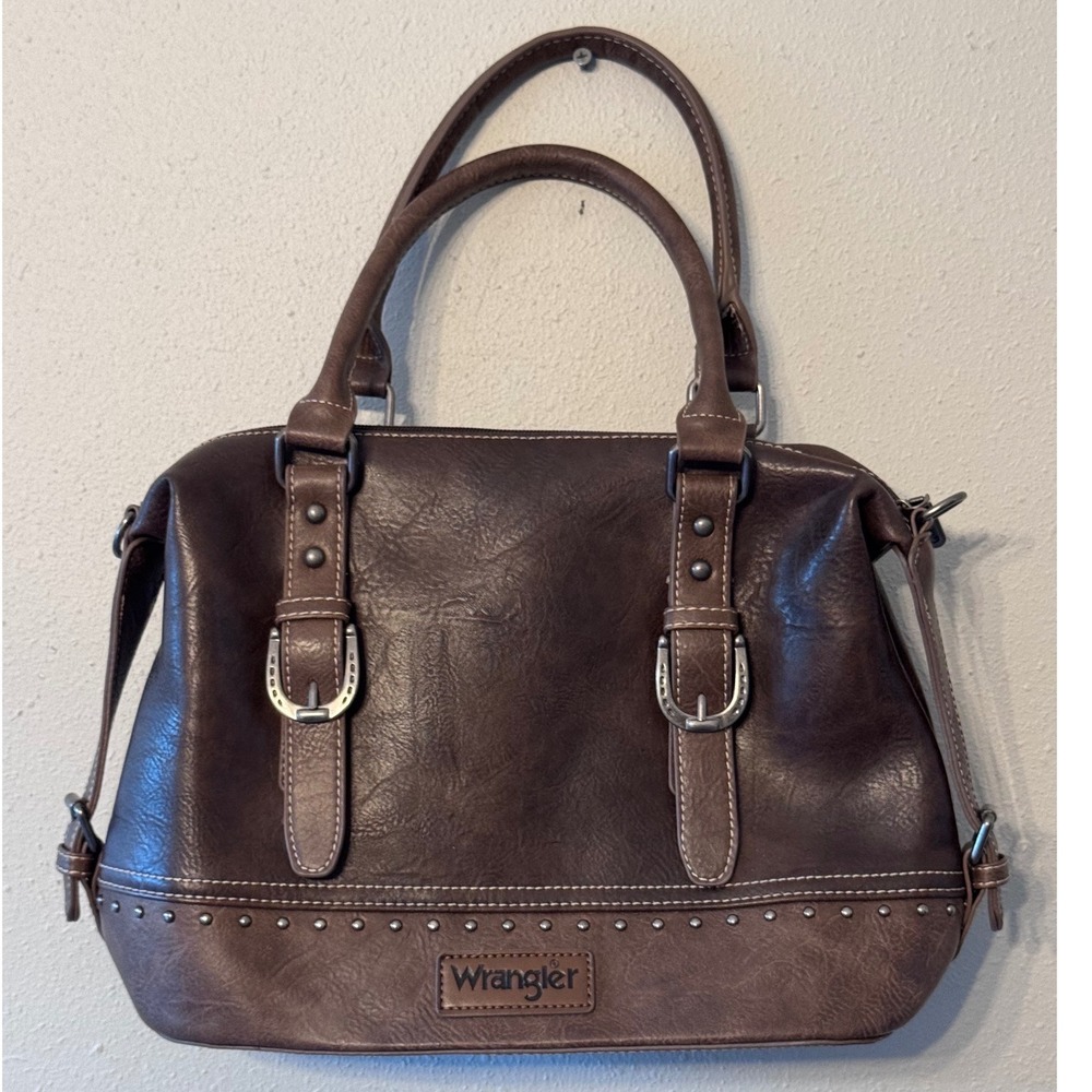 Wrangler Brown Faux Leather Western Satchel Handbag Horseshoe Buckle Studs Boho